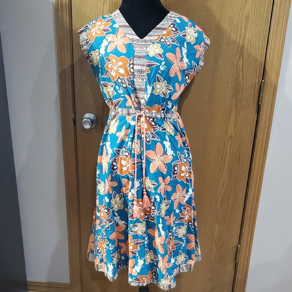 Disney MOANA Blue and Orange Tropical Floral V-Neck Cap Sleeve Sundress - Picture 1 of 13